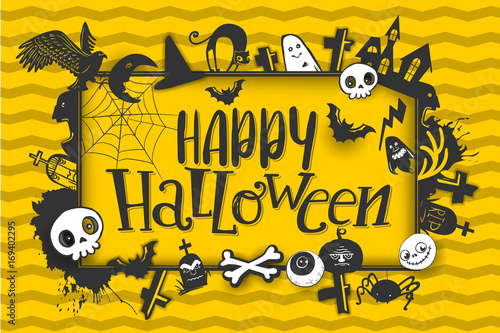 Happy Halloween horizontal banner with hand lettering greetings and sketch cartoon style horror characters. Vector illustration on yellow background. Pumpkin, skull, bird, bat, ghost, cat, grave