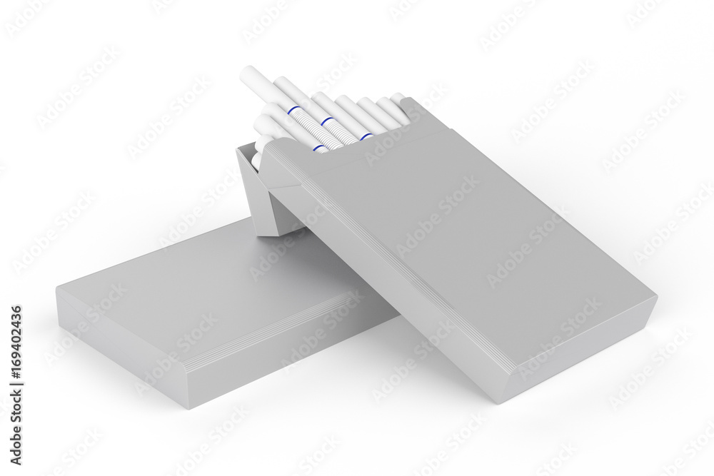 3D render composition of two slim size cigarette boxes or packs on a white background with shadow. One open pack. Template for your design. 3D render composition of two slim size cigarette boxes or packs on a white background with shadow. One open pack. Template for your design.