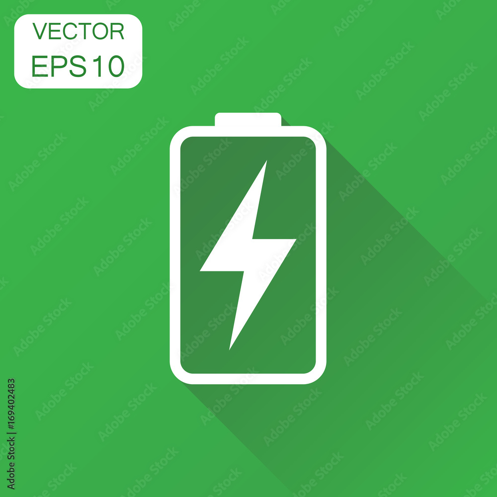 Battery icon. Business concept battery charge level pictogram. Vector illustration on green background with long shadow. Battery icon. Business concept battery charge level pictogram. Vector illustration on green background with long shadow.