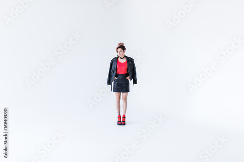girl posing in leather jacket