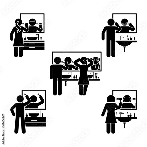 Personal hygiene bathroom set. Vector illustration of teeth brushing, washing face, make up, shaving, combing and drying hair pictogram
