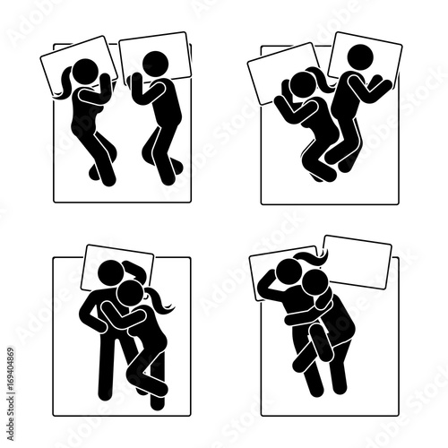 Stick figure different sleeping position set. Vector illustration of different dreaming couple poses icon symbol sign pictogram on white