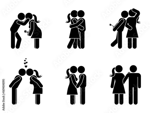 Stick figure kissing couple set. Man and woman in love vector illustration on white. Boyfriend and girlfriend hugging, cuddling and holding hand pictogram