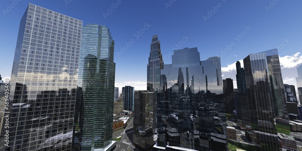 Beautiful view of the city, panorama of the city, clouds over skyscrapers, 3d rendering
