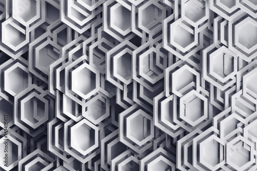 Obraz tło z abstrakcyjnie losowo rozmieszczonych sześciokątnych kształtów i ramek, 3d