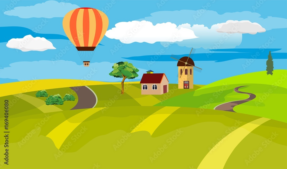 Countryside landscape, green hill, mill, house, air baloon, village view