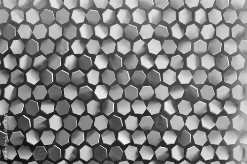 Background with randomly arranged hexagonal shapes in gray color. 3D illustration. © dariaren