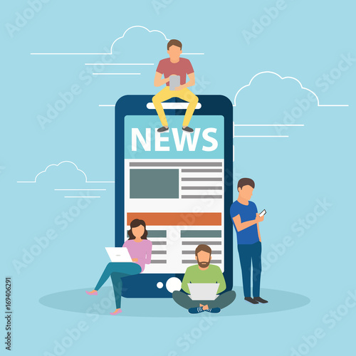 Online reading news. Young men and women are standing near big smartphone and using their own smart phones for reading news. Flat concept illustration of smartphone usability on blue background