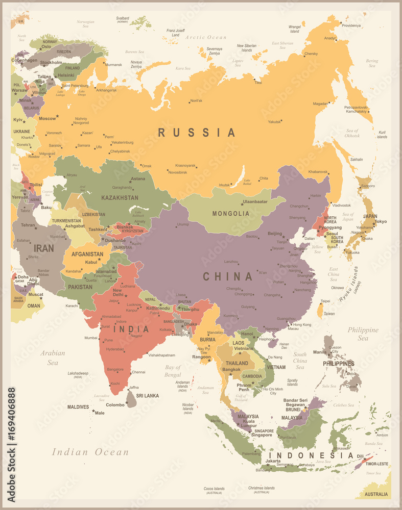 Fototapeta Mapa Azji - ilustracja wektorowa Vintage