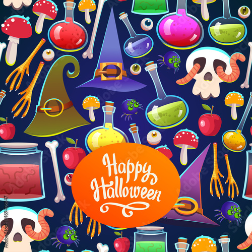 Seamless halloween pattern. Funny background with scary objects. Vector set with eyes, potion, spider, candy, apple with worm, witches boots in cartoon style. photo