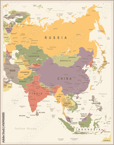 Asia Map - Vintage Vector Illustration