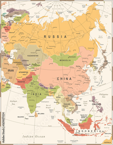 Asia Map - Vintage Vector Illustration