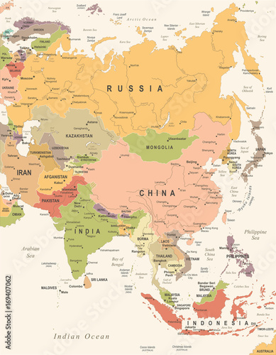 Asia Map - Vintage Vector Illustration © Porcupen