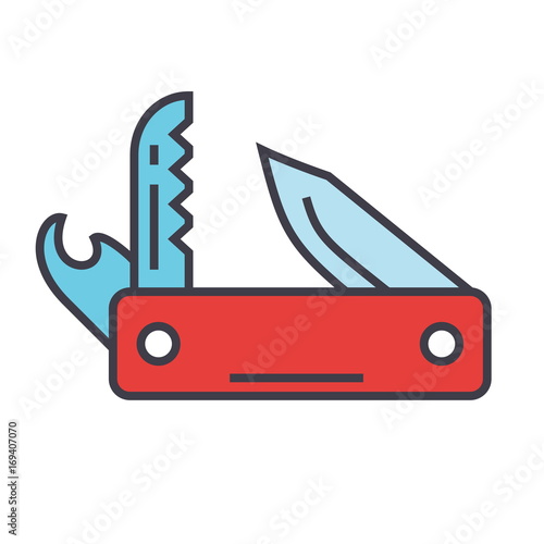 Knife army multipurpose, swiss folding knife concept. Line vector icon. Editable stroke. Flat linear illustration isolated on white background