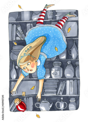 Watercolor illustration isolated on white background. Fairy tale about Alice in Wonderland. The girl in blue dress falls into a deep pantry