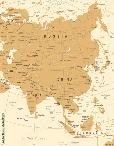 Fototapeta Naklejka Na Ścianę i Meble -  Asia Map - Vintage Vector Illustration