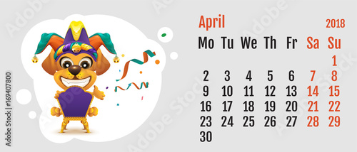 2018 year of yellow dog on Chinese calendar. Fun dog fools day. Calendar grid month April