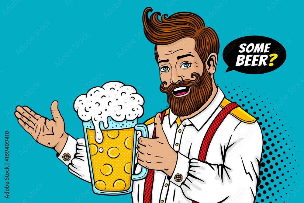Pop art male face. Sexy bearded man open smile and big mug of beer in his hand with thumb up and some beer? speech bubble. Vector colorful illustration in retro comic style. Party invitation poster. Pop art male face. Sexy bearded man open smile and big mug of beer in his hand with thumb up and some beer? speech bubble. Vector colorful illustration in retro comic style. Party invitation poster.