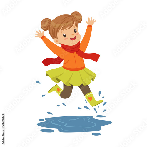 Cute little girl playing on a puddle wearing rubber boots cartoon vector Illustration