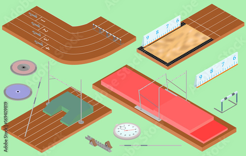 Isometric sports - athletic equipment, field, paths