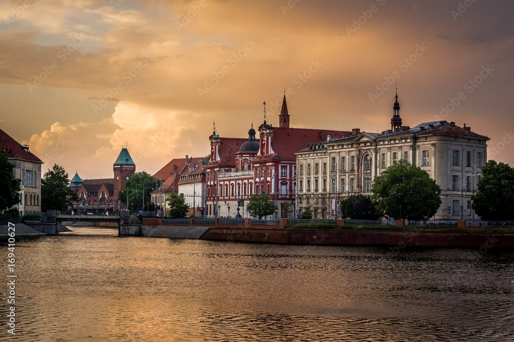 Old buildings and Odra river at sunrise in Wroclaw, Poland