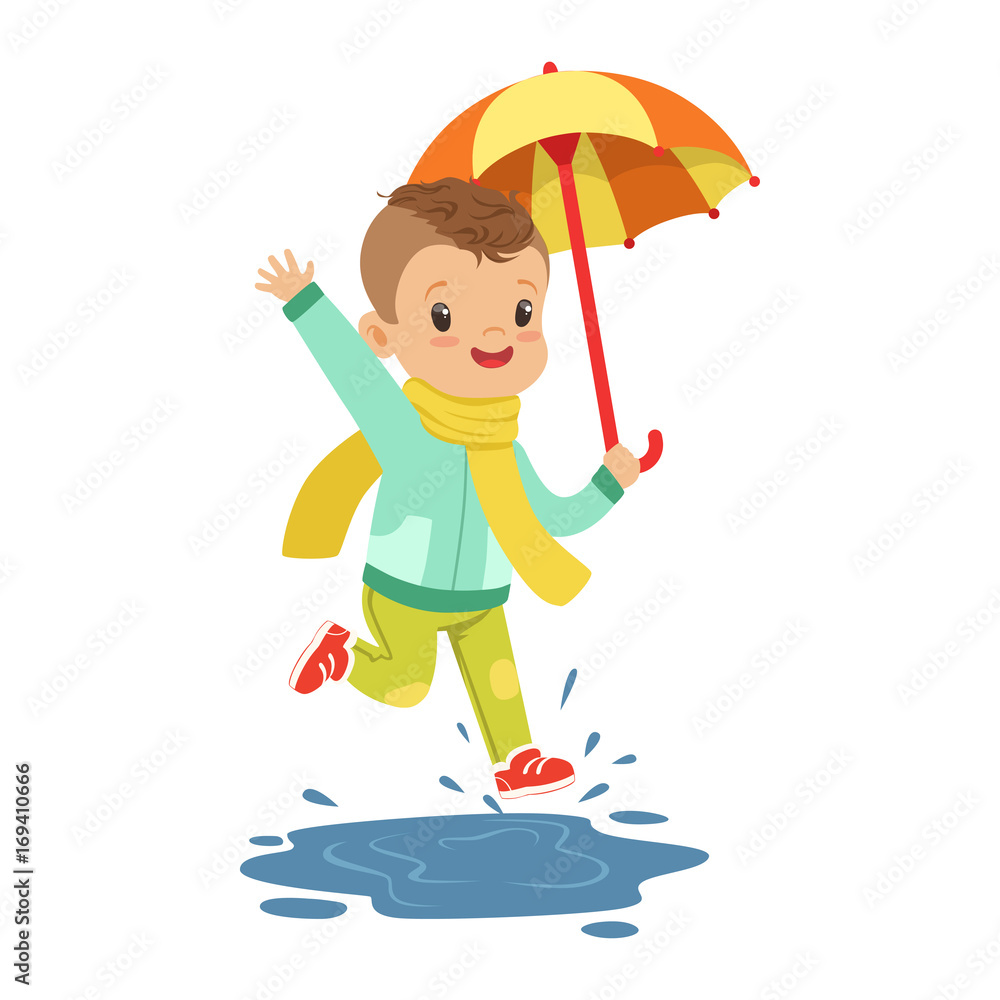 Cute little boy holding colorful umbrella playing in the rain cartoon