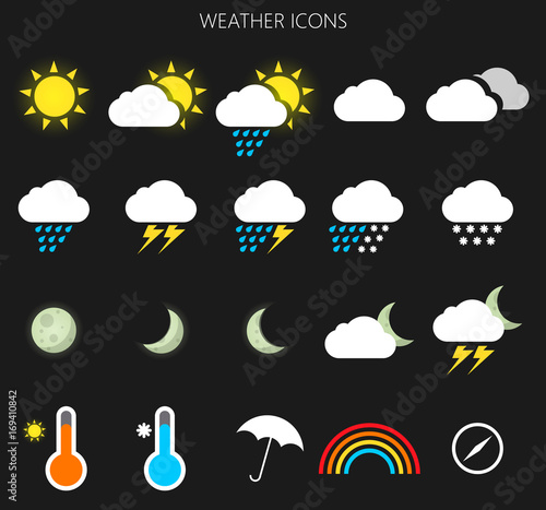 Modern weather icons set. Flat vector symbols on dark background. Vector EPS10