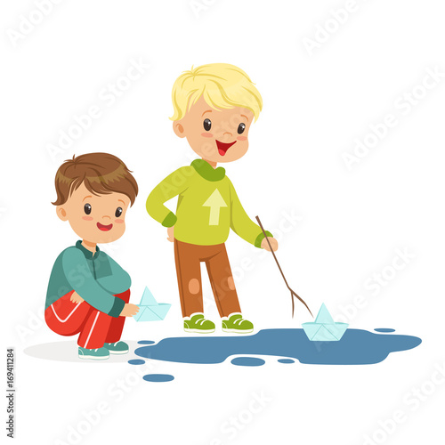 Cute little boys playing with paper boats in a water puddle cartoon vector Illustration