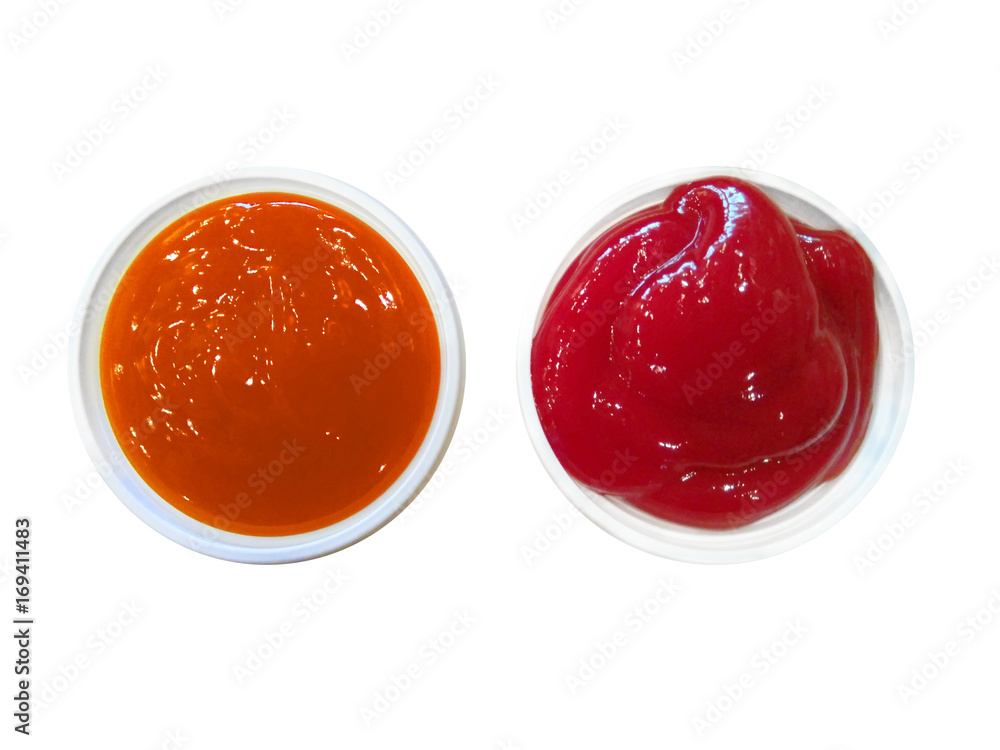 Ketchup and chili sauce at the fast food restaurant top view with clipping path Stock Photo