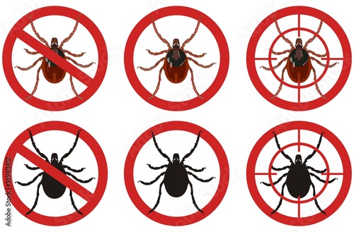 Stop mite signs. Set of insect pest control signs. Vector illustration.