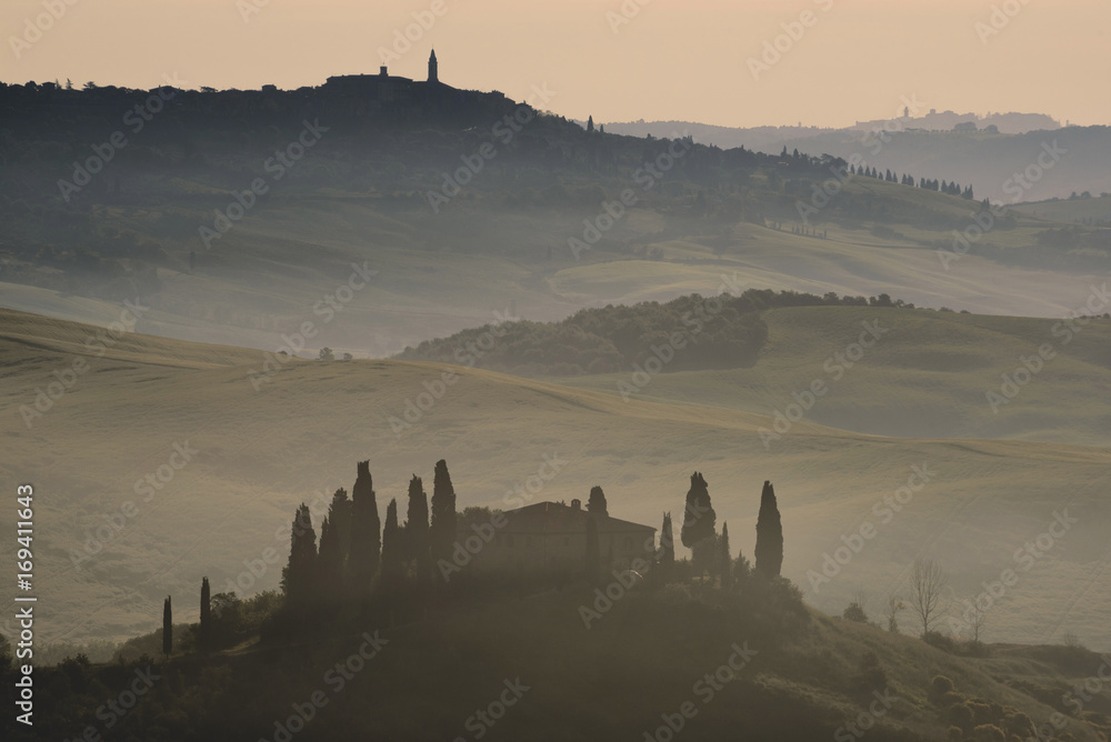 Europe, Italy, Belvedere farmhouse at dawn, province of Siena, Tuscany. Europe, Italy, Belvedere farmhouse at dawn, province of Siena, Tuscany.