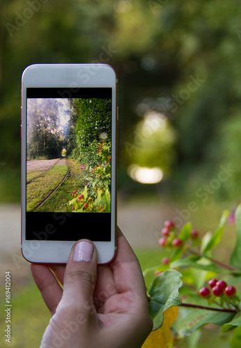 Woman hand takung mobile phone photo of train-lines in nature