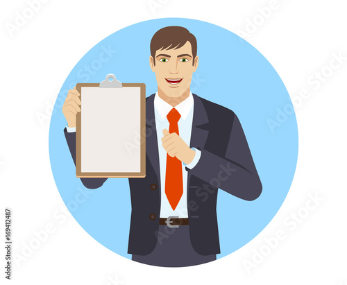 Self-promotion. Businessman holding the clipboard and pointing at himself
