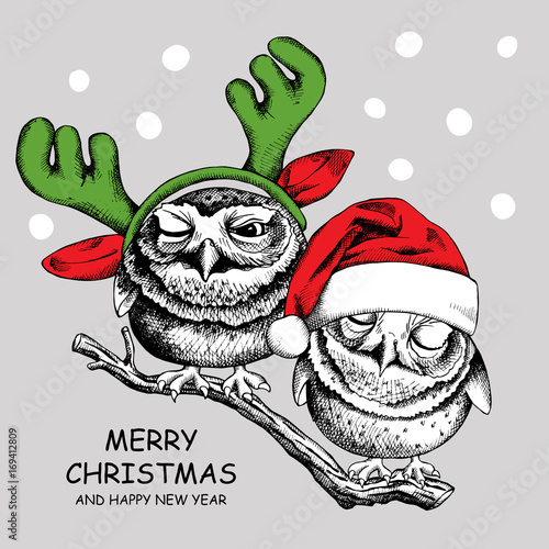 Christmas card. Image of two owls in Santa hats and reindeer antlers mask. Vector illustration.
