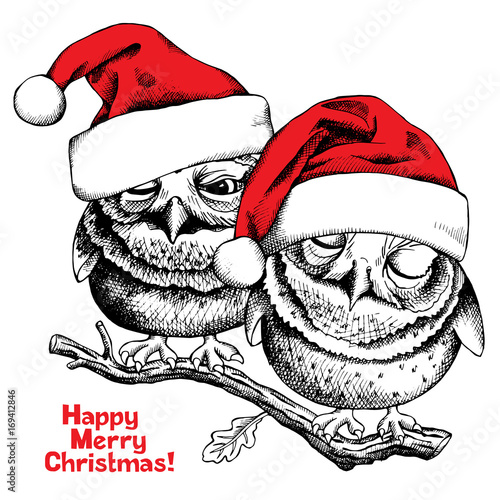 Christmas card. Image of a two small owls in Santa's hat on oak branch. Vector illustration.