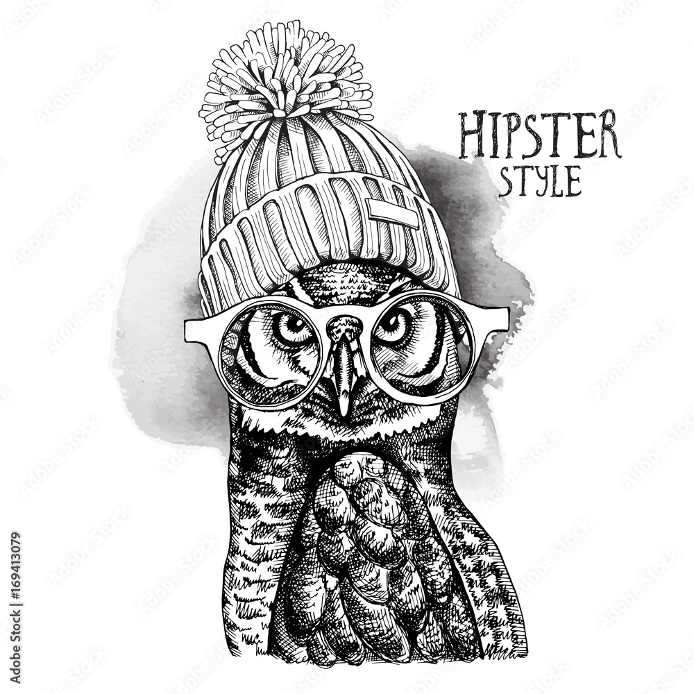 Fototapeta premium Eagle Owl in a glasses and in a Hipster Knitted Cap pompom. Vector illustration.
