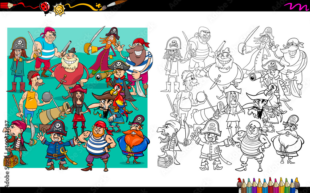 Obraz premium pirate characters group coloring book
