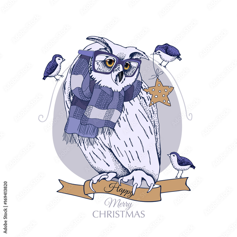 Obraz premium Christmas card. Great Horned Owl in a glasses and in a knitted scarf with the birds. Vector illustration.