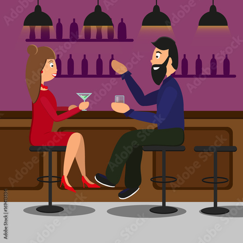 Man and woman drinking in a pub or bar couple toasting drinks and speaking. vector illustration