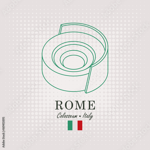 Vector schematic drawing of the coliseum in Rome with the inscription and the italian flag on abstract background