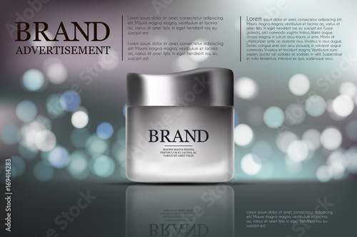 Beauty anti aging cream ad. Cosmetics package design. 3d vector beauty illustration. Moisturizing facial cream mask glass jar on sparkling liquid background with water bubbles. Product package mock-up