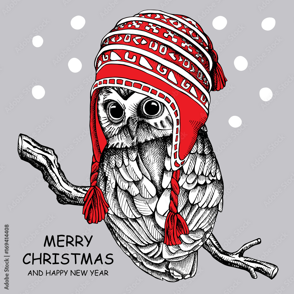 Obraz premium Owl in a red winter long knit hat on gray background. Vector illustration.