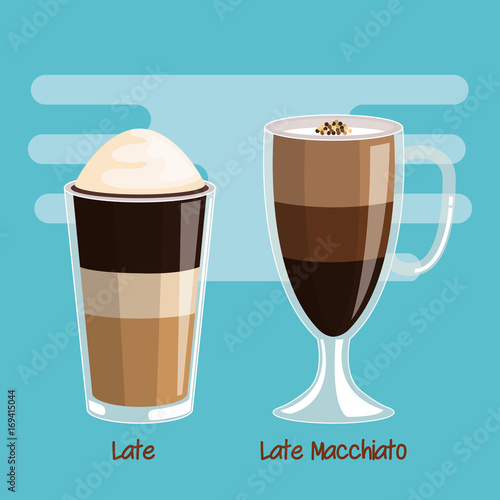 coffee latte and latte macchiato beverage in glass cup vector illustration