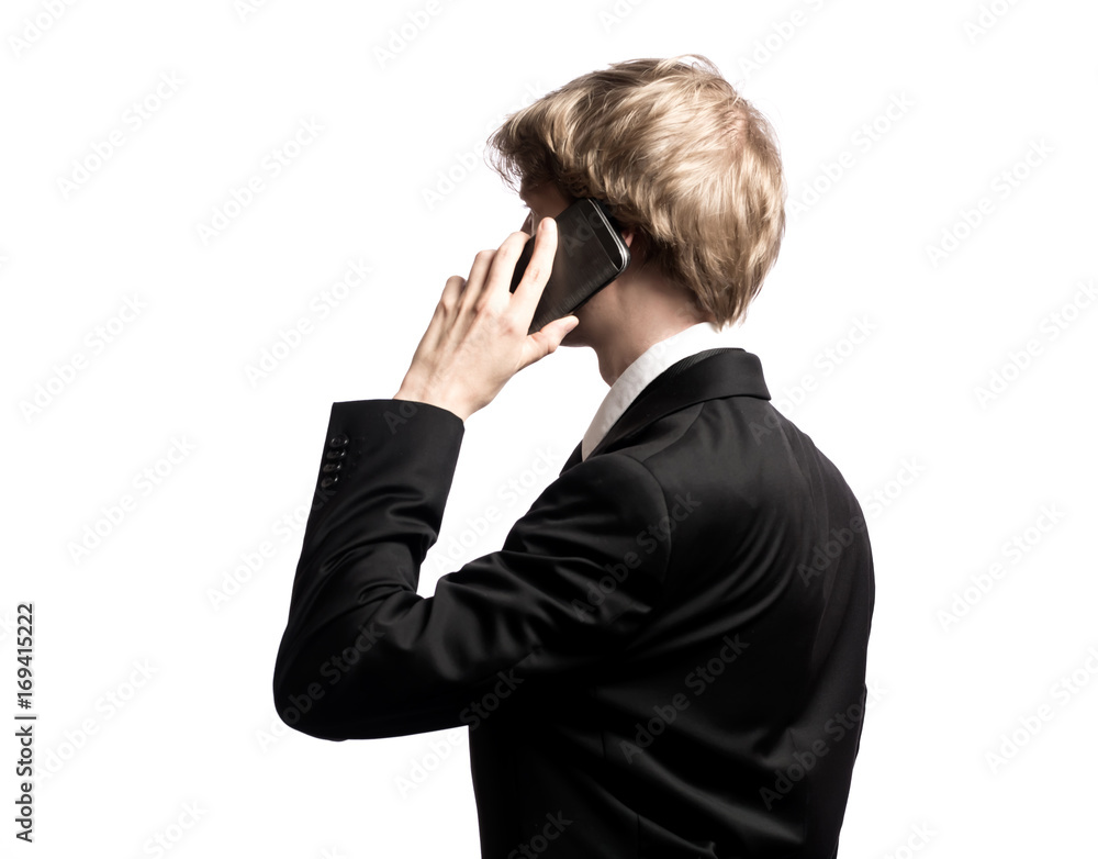 Businessman profile using cellphone isolated on a white background