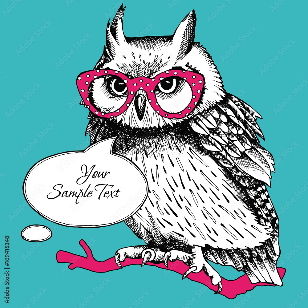 Fototapeta premium Bright card for your text with image of an owl with glasses on blue background. Vector illustration.