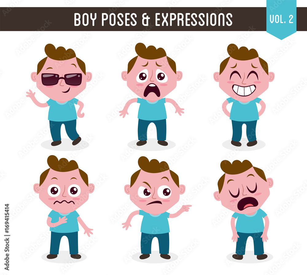 Character design set of a cute white boy in different poses. Cartoon style illustration, isolated on white background. Body gestures and facial expressions. Vector illustration. Set 2 of 8.