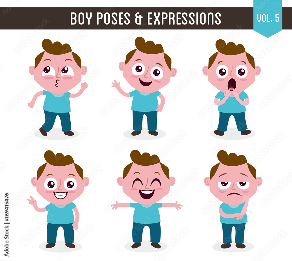 Character design set of a cute white boy in different poses. Cartoon style illustration, isolated on white background. Body gestures and facial expressions. Vector illustration. Set 5 of 8.