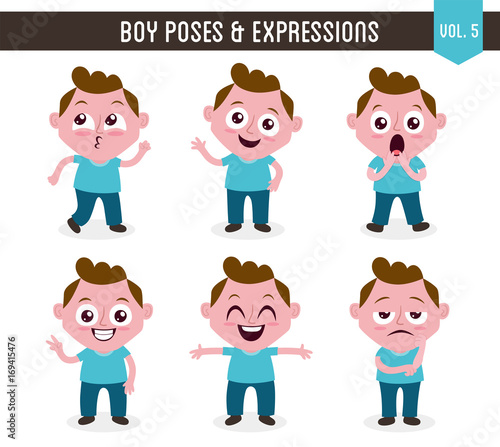 Character design set of a cute white boy in different poses. Cartoon style illustration, isolated on white background. Body gestures and facial expressions. Vector illustration. Set 5 of 8.