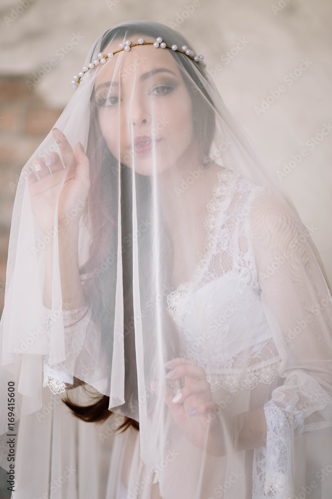 beautiful girl in delicate boudoir dress, veil closed, hands holding the tulle, decoration on the head, watching with a smile beautiful girl in delicate boudoir dress, veil closed, hands holding the tulle, decoration on the head, watching with a smile