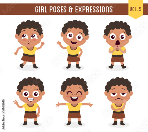 Character design set of a cute black girl in different poses. Cartoon style illustration, isolated on white background. Body gestures and facial expressions. Vector illustration. Set 5 of 8.